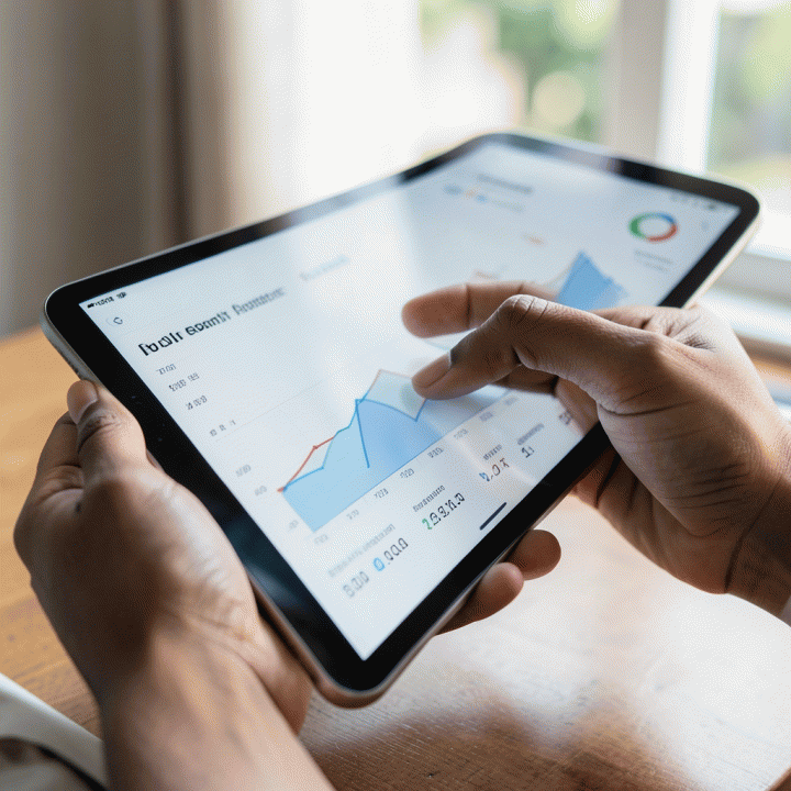 Tangan yang sedang memeriksa dashboard anggaran di tablet, menunjukkan pengelolaan keuangan pernikahan yang teratur.