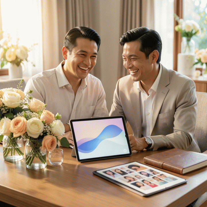 Sepasang pengantin Indonesia yang bahagia duduk di meja perencanaan pernikahan yang elegan, dihiasi tablet yang menampilkan antarmuka aplikasi manajemen acara yang rapi, menunjukkan proses perencanaan yang terorganisir.