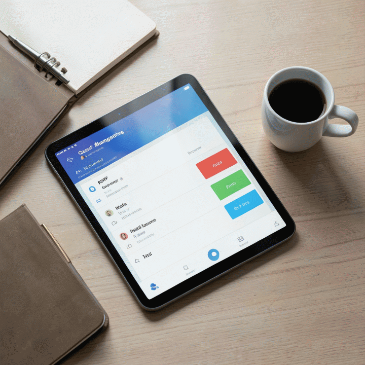 Tampilan atas meja kerja yang menampilkan aplikasi manajemen data tamu yang terorganisir, menunjukkan kemudahan koordinasi RSVP.