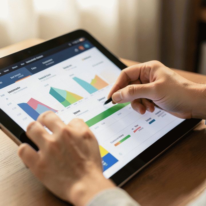 Visualisasi dashboard anggaran pernikahan digital yang bersih dan terstruktur, menunjukkan kategori pengeluaran dengan grafik dan progress bar, melambangkan pengendalian keuangan.
