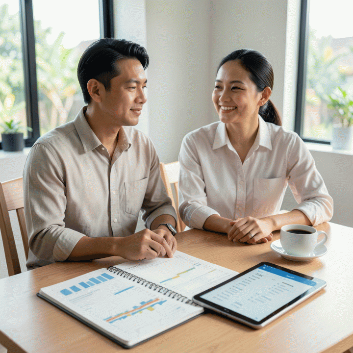 Pasangan muda Indonesia yang duduk di meja perencanaan pernikahan yang rapi, dikelilingi oleh planner, tablet, dan alat bantu visualisasi anggaran dan daftar tamu yang terorganisir, melambangkan perencanaan pernikahan yang terkontrol.
