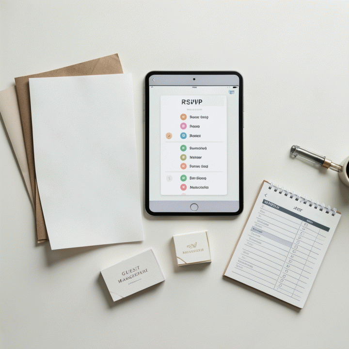 Tampilan flat lay yang menunjukkan elemen-elemen manajemen tamu pernikahan, seperti daftar RSVP digital dan kartu ucapan, menyoroti proses pengumpulan data yang terorganisir.
