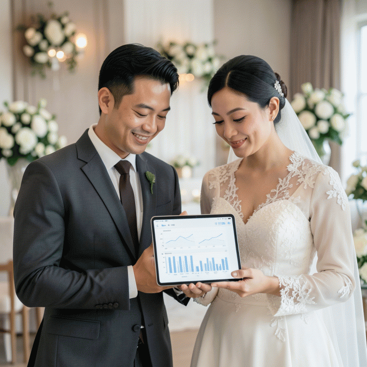 Pasangan pengantin muda Indonesia yang tersenyum dengan tenang sambil melihat data perencanaan pernikahan yang rapi di tablet, melambangkan manajemen anggaran dan tamu yang terorganisir.