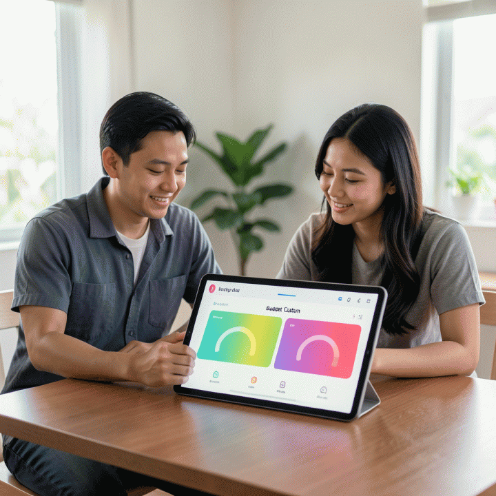 Pasangan pengantin yang tampak lega dan terkendali saat melihat dashboard digital terpadu yang menampilkan status anggaran dan data tamu dengan indikator visual yang bersih.