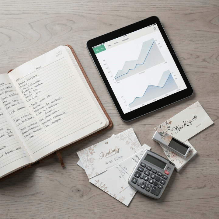 Komposisi datar (flat lay) berisi alat-alat perencanaan pernikahan yang terorganisir, seperti buku catatan, tablet, dan daftar tamu, menonjolkan konsep manajemen yang rapi.