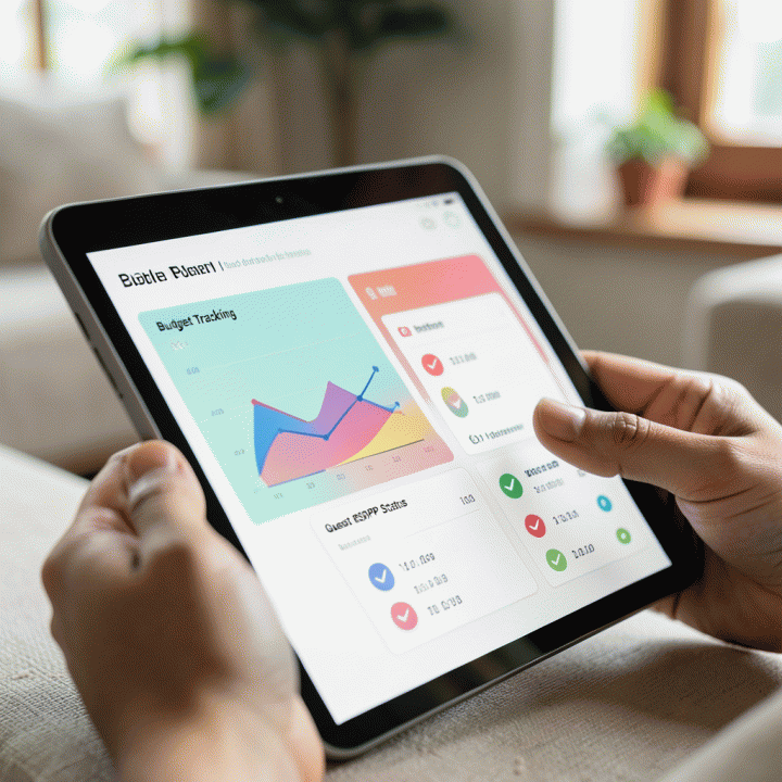Tangan berinteraksi dengan tablet yang menampilkan dasbor perencanaan pernikahan yang terorganisir, menunjukkan pelacakan anggaran dan status RSVP tamu.