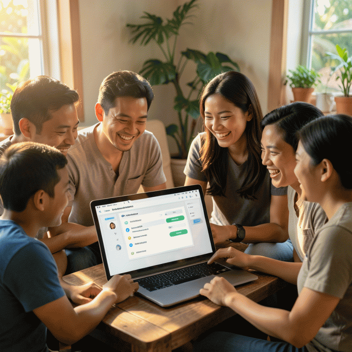 Keluarga atau teman-teman berkumpul dengan gembira dan terorganisir, menggunakan perangkat digital untuk mengelola daftar tamu pernikahan.