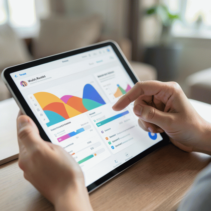 Tangan sedang memeriksa dashboard manajemen anggaran pernikahan yang terstruktur di tablet, menunjukkan kontrol keuangan yang mudah.