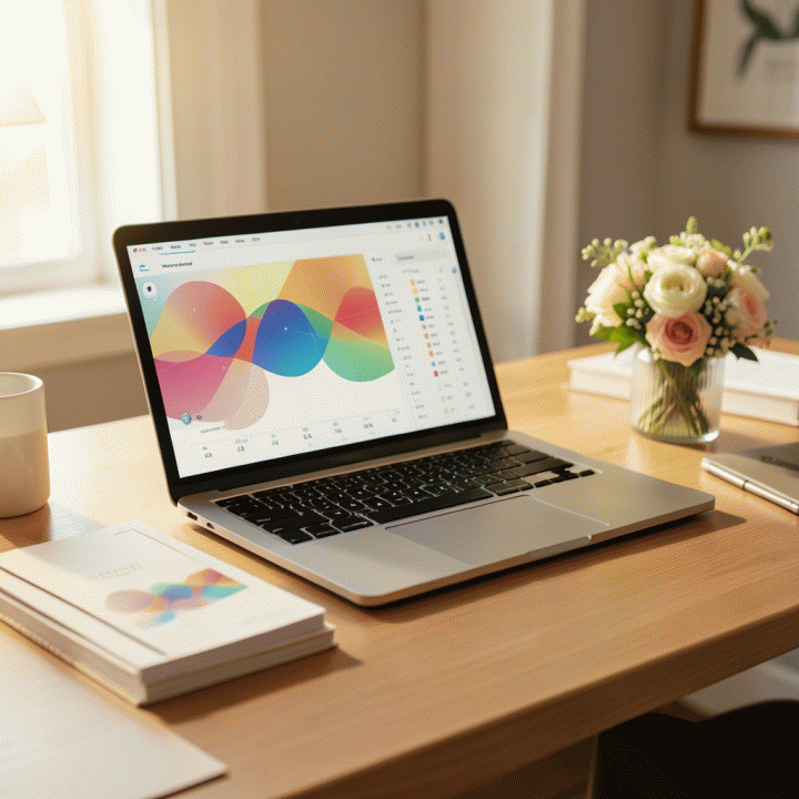 Meja perencanaan pernikahan yang rapi dan modern dengan laptop menampilkan visualisasi data anggaran dan daftar tamu yang terorganisir, melambangkan perencanaan pernikahan yang tenang dan terkontrol.