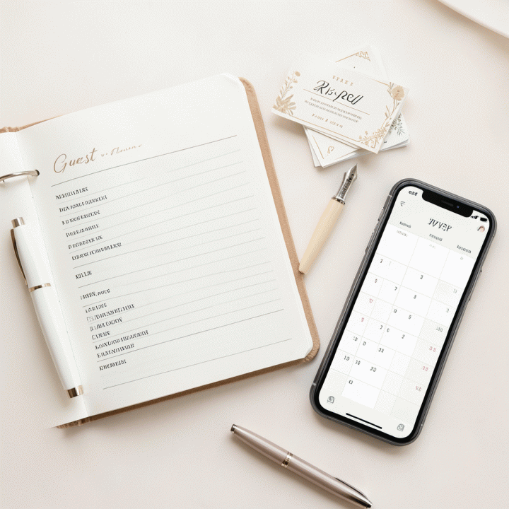 Pandangan dari atas (flat lay) menunjukkan perlengkapan manajemen data tamu pernikahan yang terorganisir, termasuk buku daftar tamu dan kartu RSVP.