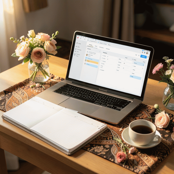 Meja perencanaan pernikahan yang rapi dan tenang, menampilkan laptop dengan antarmuka manajemen anggaran dan daftar tamu yang terorganisir, menonjolkan suasana kontrol dan ketenangan dalam persiapan acara.