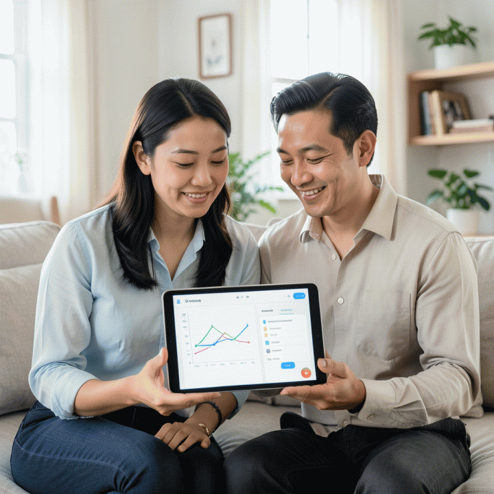 Pasangan pengantin yang tersenyum melihat tablet bersama, menunjukkan kemudahan mengelola anggaran dan daftar tamu secara terpusat.