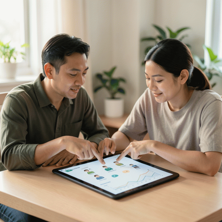 Sepasang calon pengantin yang sedang berdiskusi dengan tenang di depan antarmuka digital perencanaan, menunjukkan manajemen data tamu dan anggaran yang jelas.