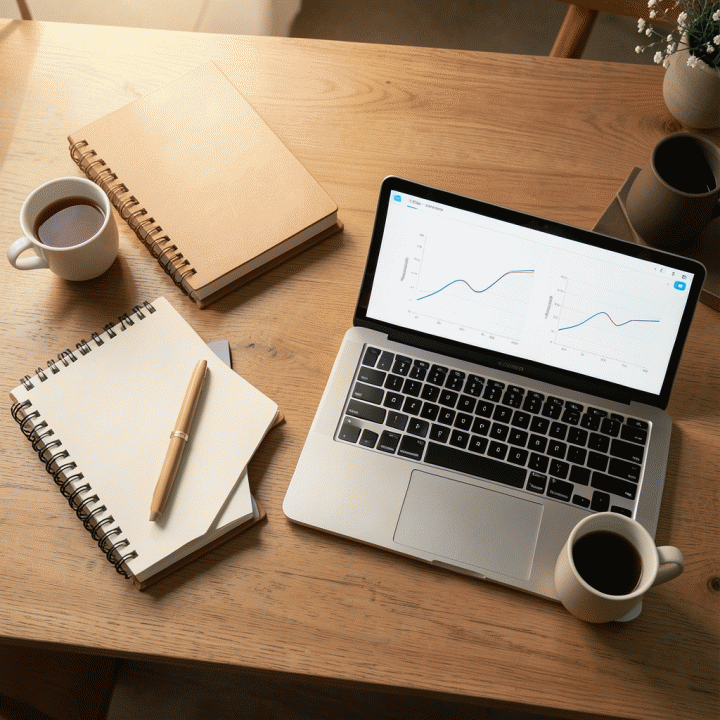 Tampilan atas meja kerja yang terorganisir dengan planner, laptop menampilkan grafik anggaran abstrak, dan alat tulis, melambangkan perencanaan pernikahan yang terstruktur.