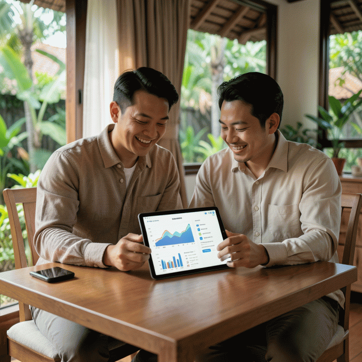 Pasangan pengantin modern yang terlihat tenang dan terorganisir saat meninjau rencana pernikahan dan anggaran di tablet digital, melambangkan manajemen acara yang bebas stres.