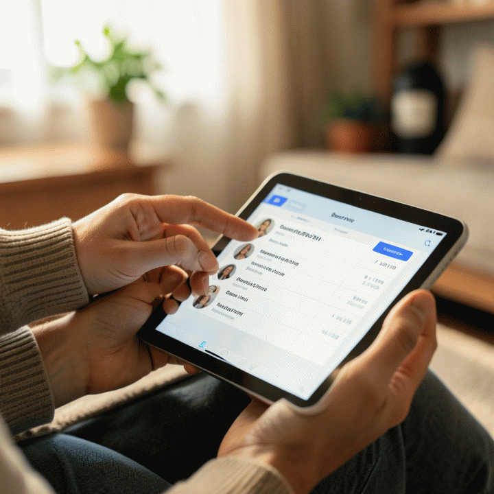 Kedekatan tangan pasangan yang berinteraksi dengan daftar tamu digital di tablet, melambangkan manajemen data tamu yang efisien.