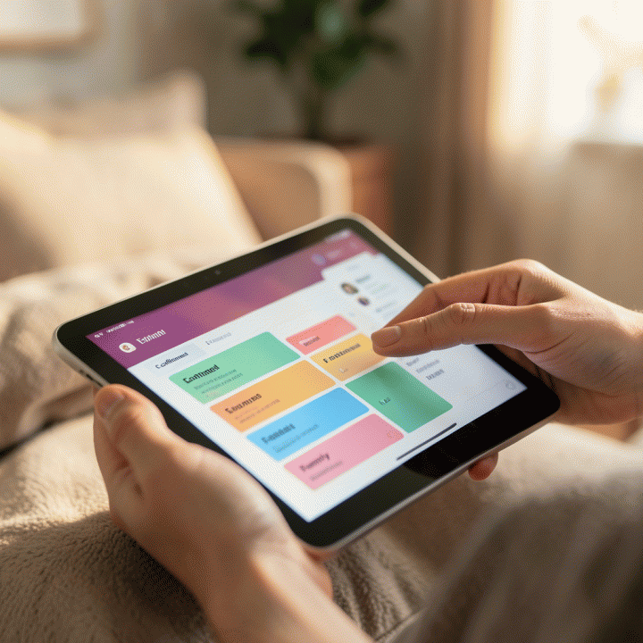 Kedekatan tangan yang menggunakan tablet untuk mengelola daftar tamu pernikahan yang terorganisir secara digital.