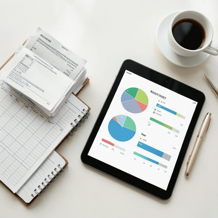 Pandangan atas meja yang menampilkan perencanaan anggaran pernikahan yang terorganisir dengan grafik dan buku catatan modern.