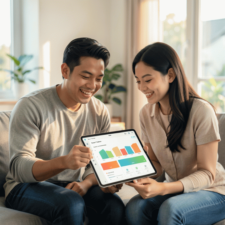 Pasangan pengantin muda Indonesia yang terlihat santai dan bahagia meninjau dashboard perencanaan pernikahan digital yang terorganisir di tablet modern, melambangkan pengelolaan anggaran dan data tamu yang bebas stres.