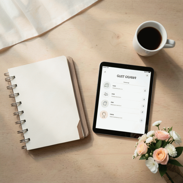 Komposisi meja yang rapi berisi buku catatan, tablet digital dengan daftar tamu yang terorganisir, dan dekorasi bunga, melambangkan manajemen data tamu yang terpusat.