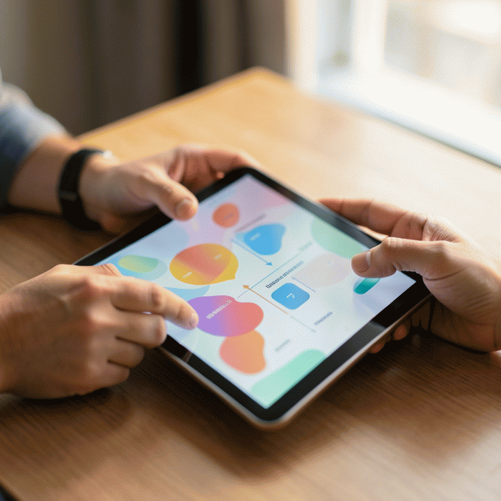 Tangan yang sedang menggunakan tablet untuk mengelola anggaran dan data tamu pernikahan secara digital dengan antarmuka yang rapi.