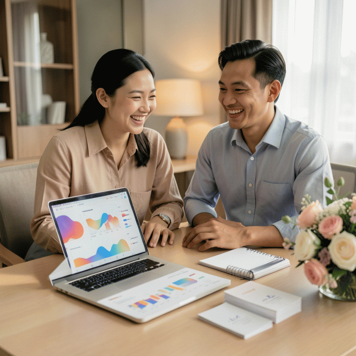 Pasangan pengantin Indonesia yang bahagia dan santai sedang merencanakan pernikahan mereka di meja yang tertata rapi, dikelilingi oleh alat bantu perencanaan anggaran dan data tamu yang terorganisir.