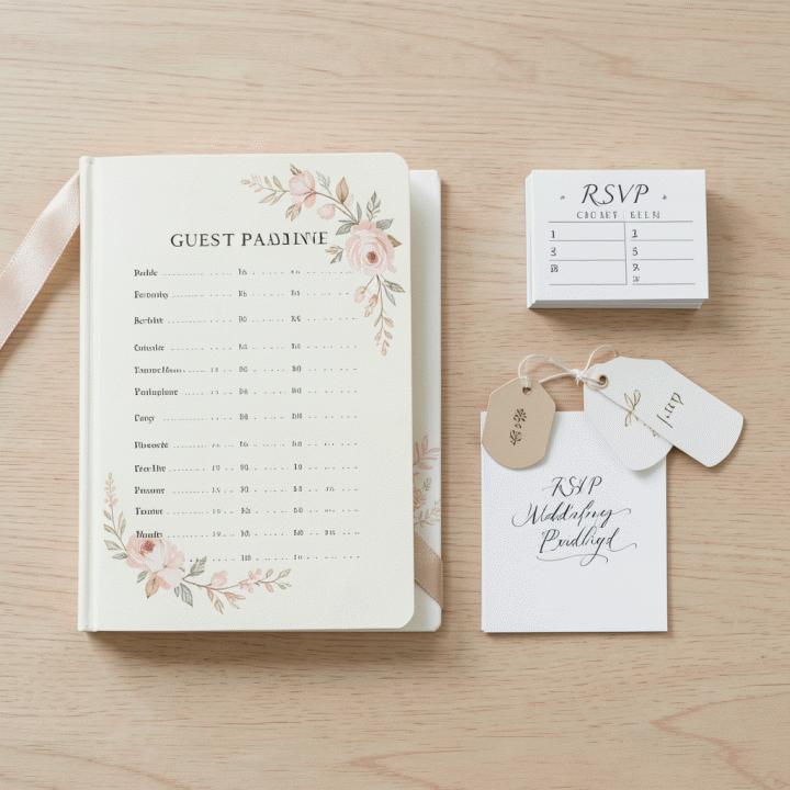 Foto flat lay alat-alat perencanaan pernikahan yang terorganisir, termasuk buku daftar tamu dan daftar periksa, menekankan manajemen data yang rapi.