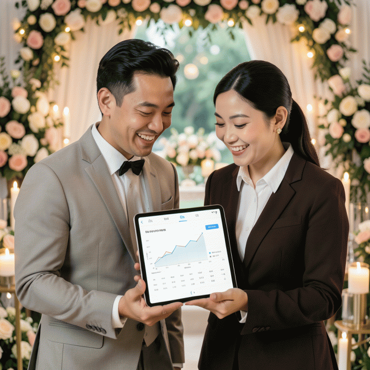 Pasangan pengantin modern Indonesia yang tampak tenang dan bahagia saat meninjau data perencanaan pernikahan yang terorganisir di tablet digital, melambangkan manajemen anggaran dan data tamu yang mudah.