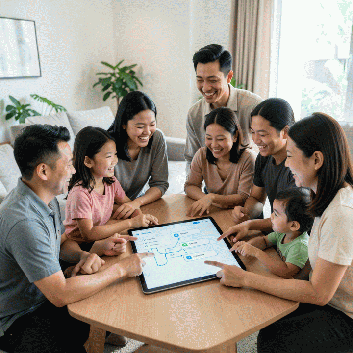 Keluarga besar Indonesia yang berkolaborasi dengan tenang di sekitar layar digital, menunjukkan proses koordinasi dan manajemen checklist persiapan pernikahan yang mudah.