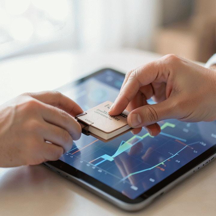 Pasangan yang sedang menata tracker budget fisik di samping tablet, melambangkan kontrol keuangan yang terpadu.