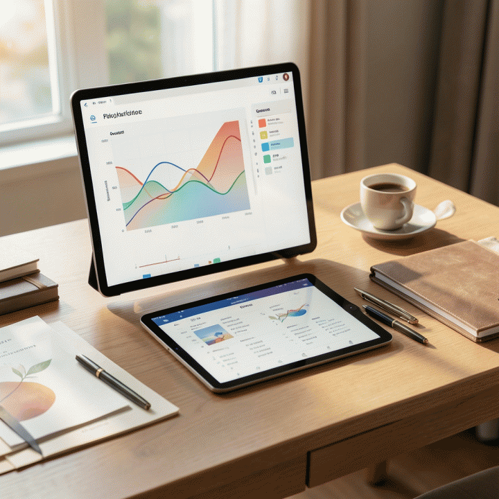Meja perencanaan pernikahan yang rapi dan terorganisir dengan tablet menampilkan manajemen budget dan daftar tamu yang terstruktur, memberikan kesan perencanaan yang bebas stres.