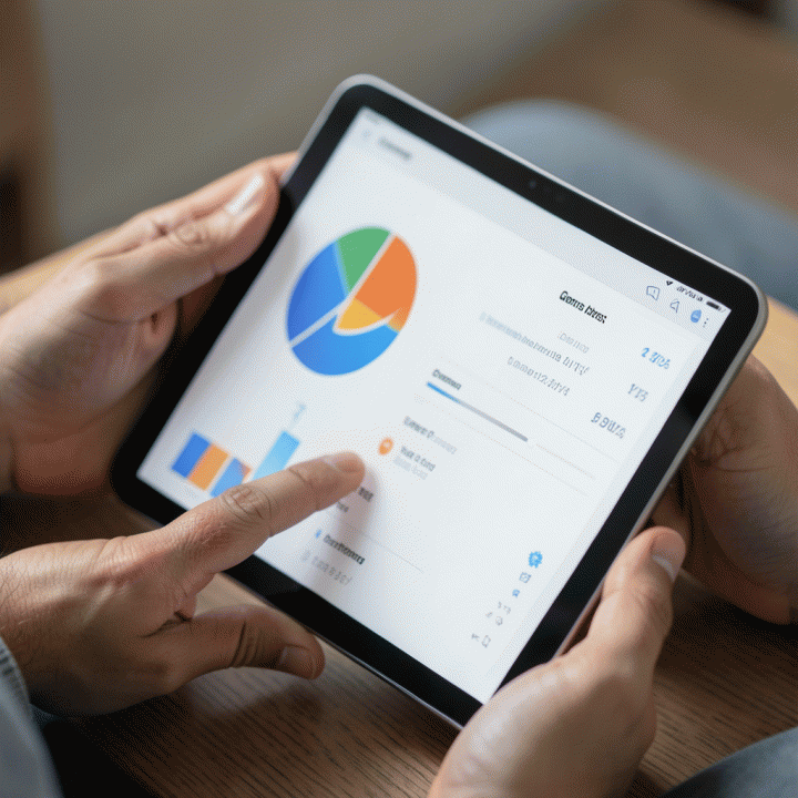 Tangan pasangan yang sedang mengelola data keuangan dan daftar tamu pernikahan pada tablet digital yang modern dan terorganisir.