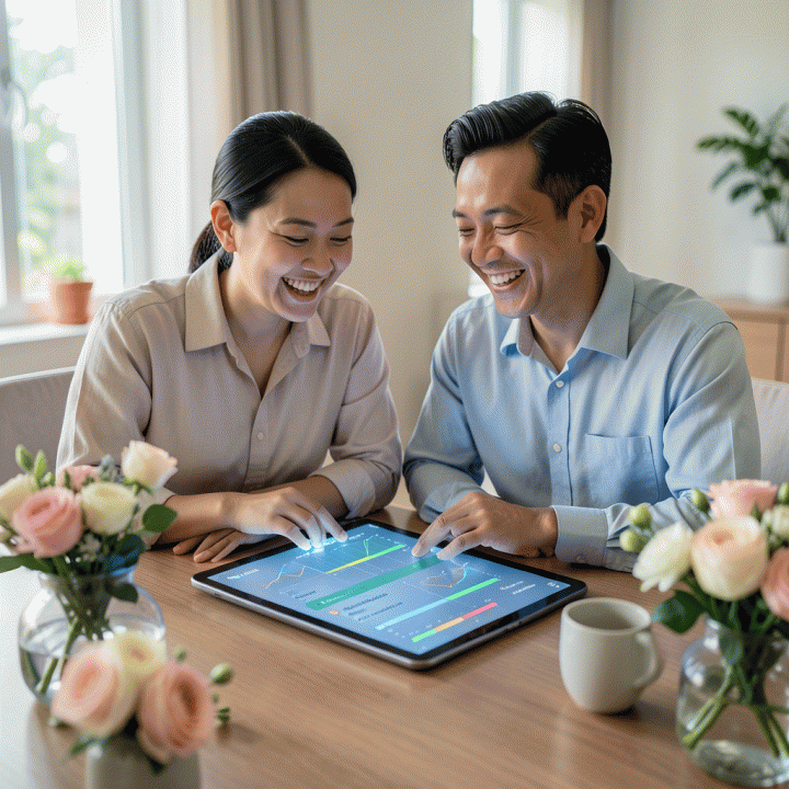 Pasangan pengantin Indonesia yang tampak lega dan bahagia saat melihat antarmuka digital terpadu yang menunjukkan manajemen anggaran dan data tamu pernikahan yang terorganisir.
