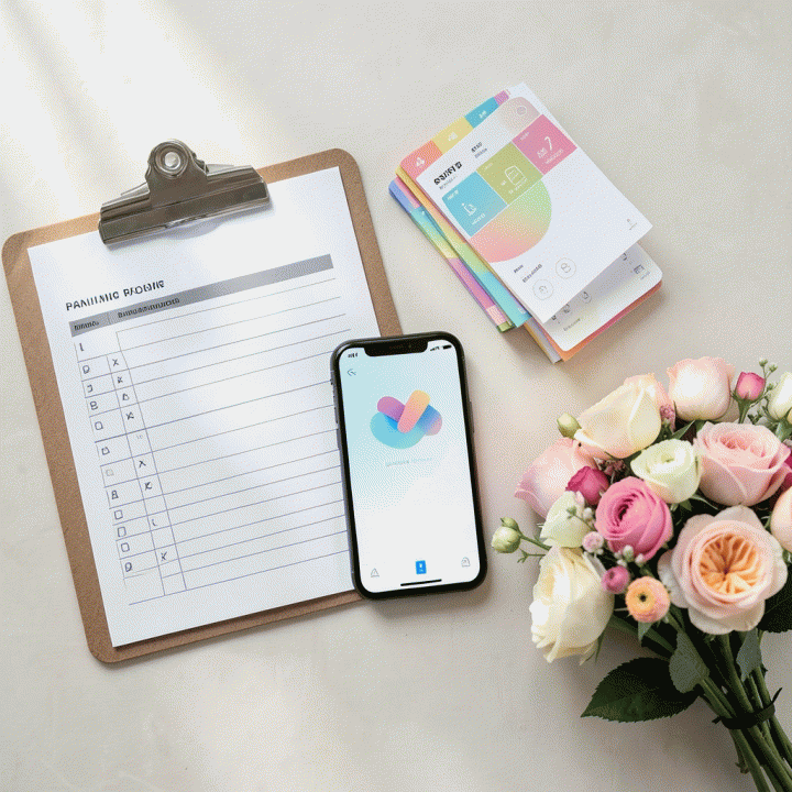 Komposisi flat lay yang menampilkan perlengkapan perencanaan pernikahan yang terorganisir, termasuk daftar periksa, pelacak anggaran, dan smartphone untuk manajemen tamu.