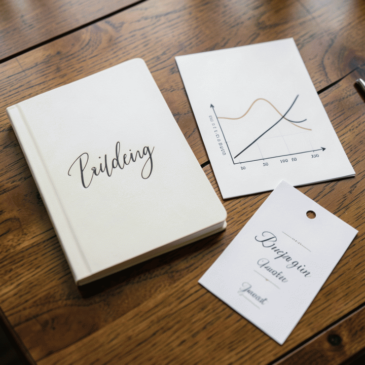 Flat lay perencanaan pernikahan yang menunjukkan notebook, grafik anggaran, dan kartu tamu yang tersusun rapi, melambangkan manajemen data dan keuangan yang terorganisir.