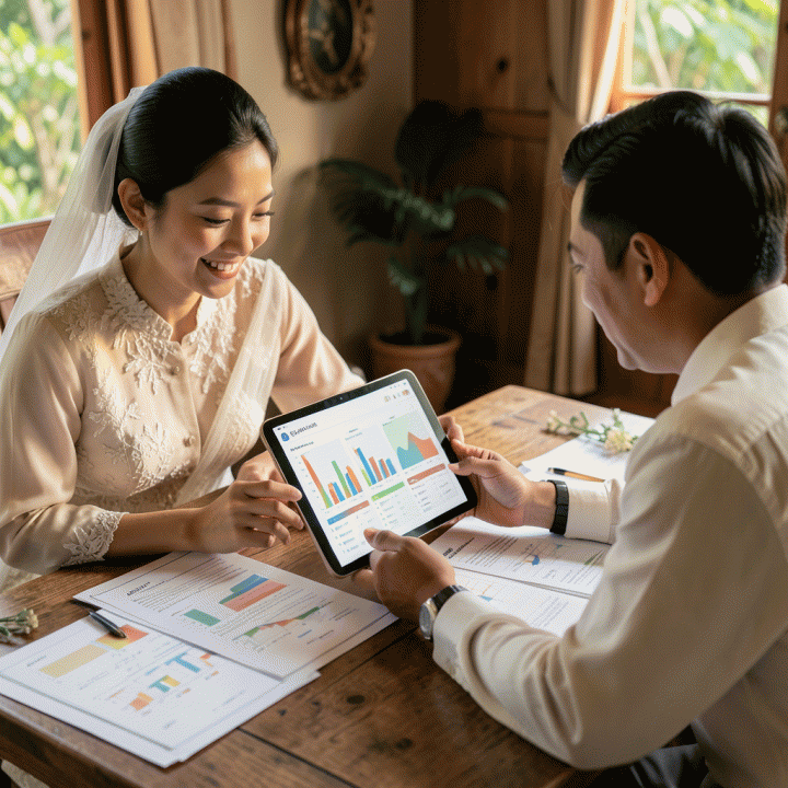 Pasangan pengantin yang terlihat tenang dan terorganisir saat merencanakan pernikahan mereka menggunakan tablet digital yang menampilkan manajemen anggaran dan daftar tamu yang rapi.