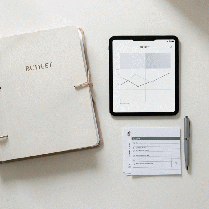 Tampilan atas (flat lay) dari berbagai alat perencanaan pernikahan yang tertata rapi, termasuk buku anggaran dan tablet digital, menunjukkan perencanaan yang terstruktur.