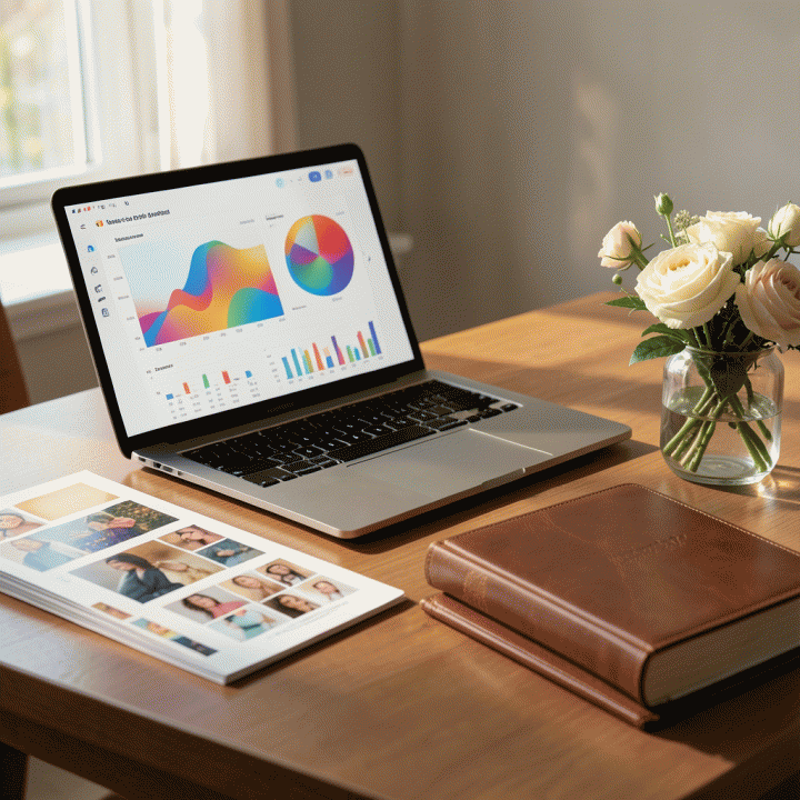 Meja perencanaan pernikahan yang terorganisir dengan laptop yang menampilkan data abstrak, buku catatan elegan, dan bunga segar, melambangkan pengelolaan anggaran dan data tamu yang rapi.
