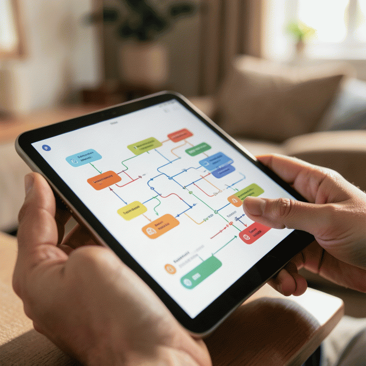 Pasangan yang sedang meninjau data anggaran dan daftar tamu yang terorganisir pada tablet digital, menunjukkan kemudahan pengelolaan data.