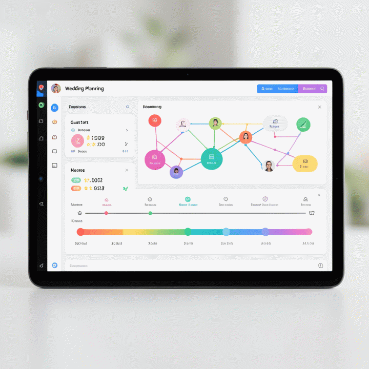 Tampilan dashboard perencanaan pernikahan digital yang modern dan terpusat, menunjukkan status tamu dan timeline acara yang terorganisir.