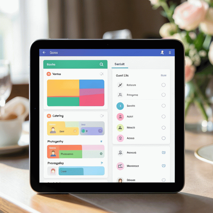 Tampilan digital abstrak dari dashboard perencanaan pernikahan, menunjukkan pelacakan anggaran yang rapi dan manajemen daftar tamu yang terstruktur.
