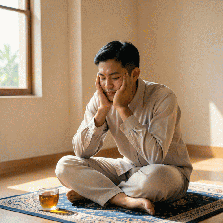 Seorang pemuda Muslim Indonesia beristirahat dengan tenang di mushalla yang minimalis, memancarkan kedamaian spiritual untuk menjaga konsistensi ibadah.