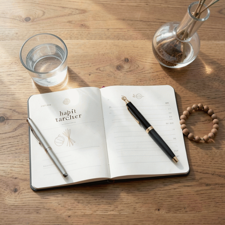 Flat lay estetis yang menampilkan perlengkapan manajemen waktu dan spiritual: buku habit tracker, tasbih, dan elemen ketenangan di atas meja kayu.