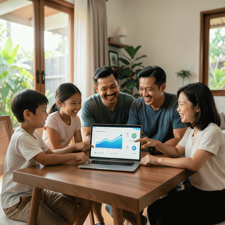 Keluarga Indonesia modern yang bahagia berkumpul di meja, berinteraksi dengan laptop yang menampilkan dashboard keuangan yang terstruktur, melambangkan perencanaan keuangan keluarga yang sukses.