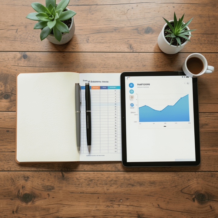 Flat lay overhead shot yang menampilkan alat-alat perencanaan keuangan seperti buku catatan, tablet, dan template anggaran, menyoroti proses manajemen keuangan yang terorganisir.