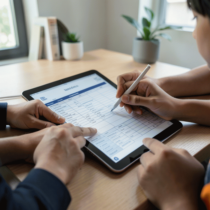 Tangan-tangan yang berkolaborasi mengisi spreadsheet perencanaan keuangan keluarga di atas tablet, menekankan aspek perencanaan dan pelacakan pengeluaran.
