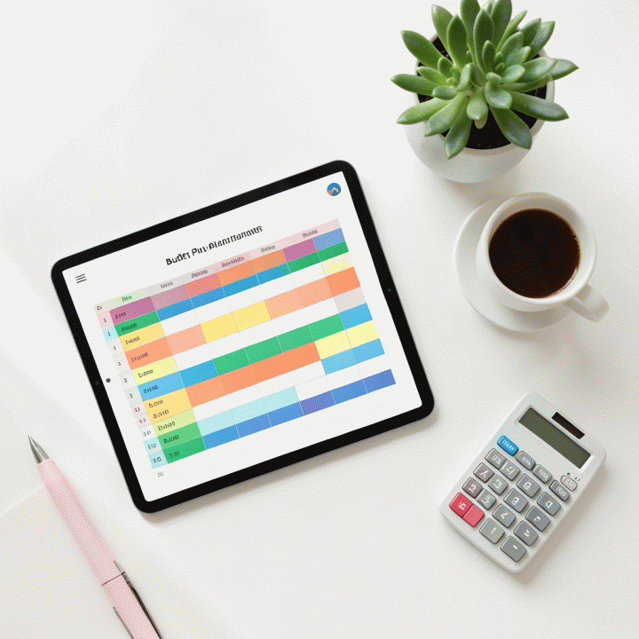 Tampilan datar (flat lay) dari setup perencanaan anggaran keluarga yang minimalis dan terorganisir, menampilkan tablet dengan spreadsheet dan dekorasi rumah.