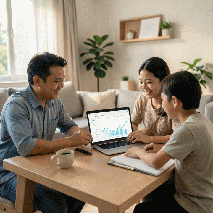 Keluarga Indonesia modern yang sedang berdiskusi dan bekerja sama menggunakan spreadsheet keuangan di meja kayu yang terang, menciptakan suasana perencanaan keuangan yang positif dan terstruktur.
