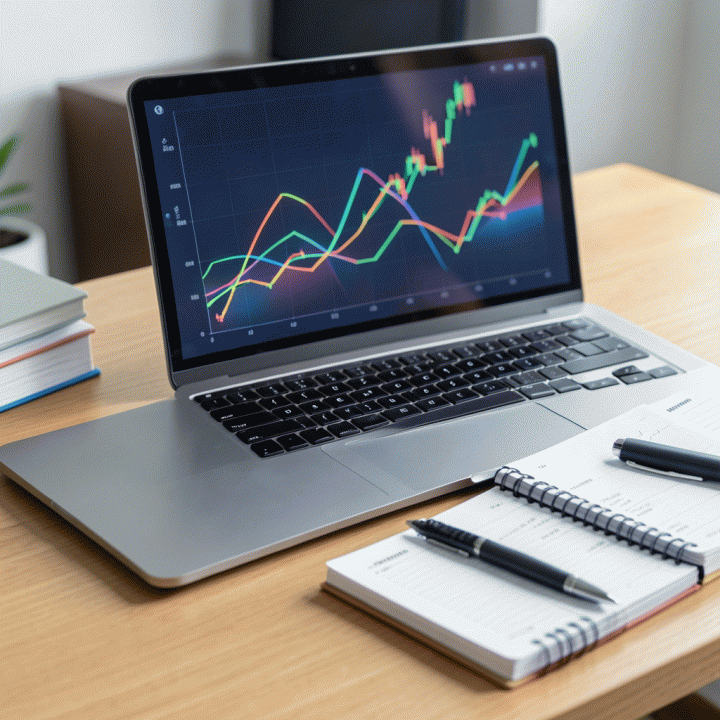 Berbagai alat perencanaan keuangan seperti laptop dengan grafik abstrak, buku catatan, dan pena, menunjukkan proses penganggaran yang detail.