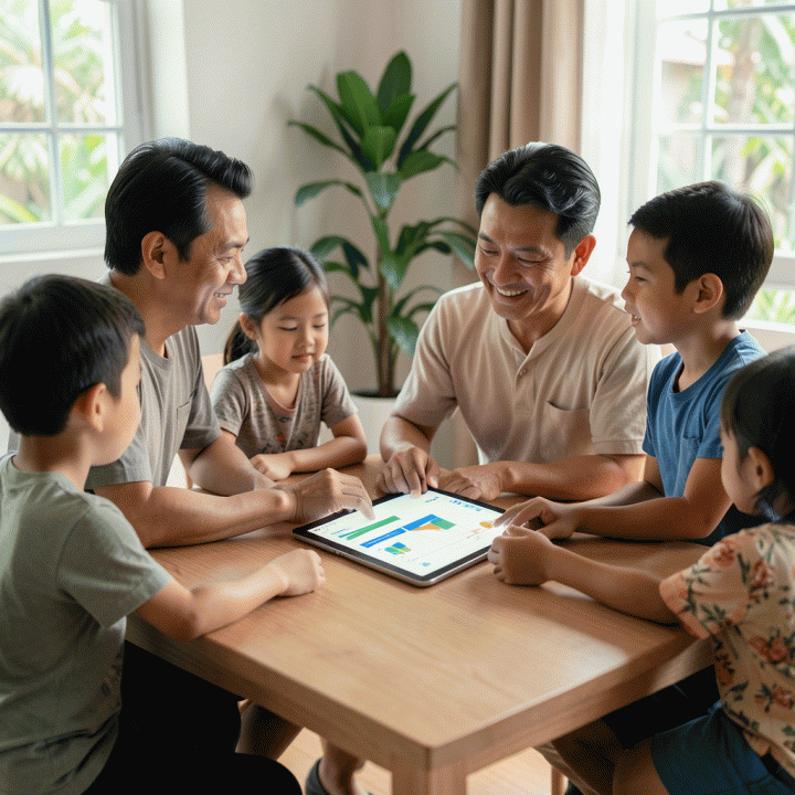 Keluarga modern Indonesia yang produktif dan bahagia sedang merencanakan keuangan mereka bersama di meja kayu, menggunakan spreadsheet digital yang terstruktur.
